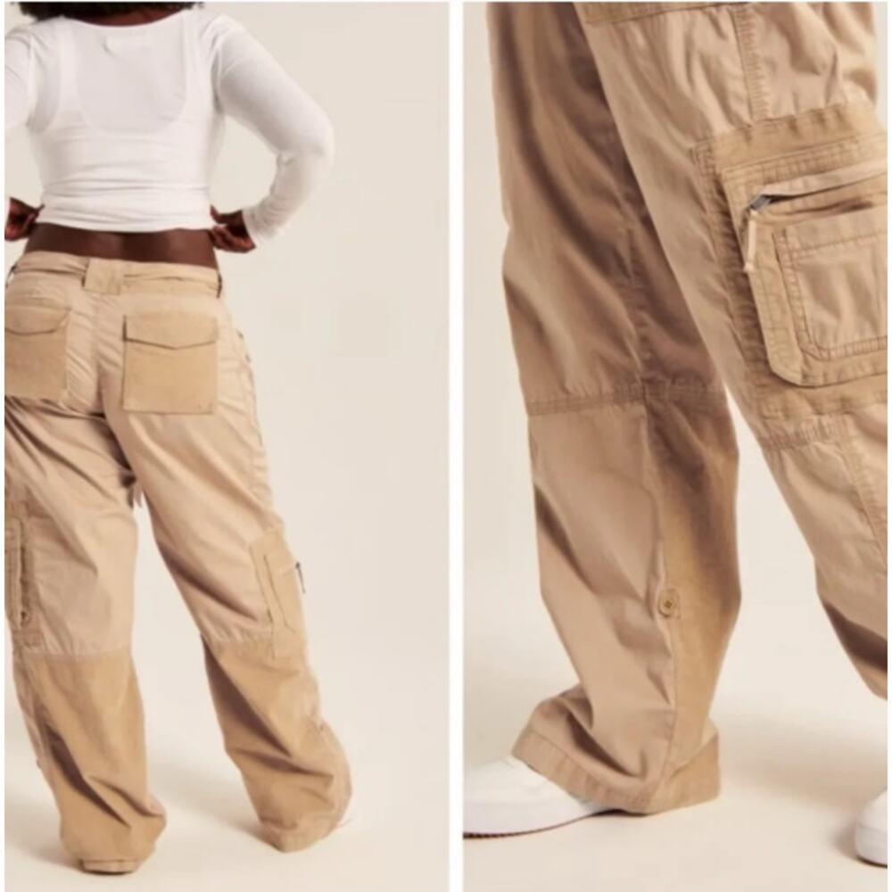 NWT Abercrombie & Fitch Khaki Corduroy Baggy Adjustable Cargo Pants Size 26 LONG - Picture 2 of 13